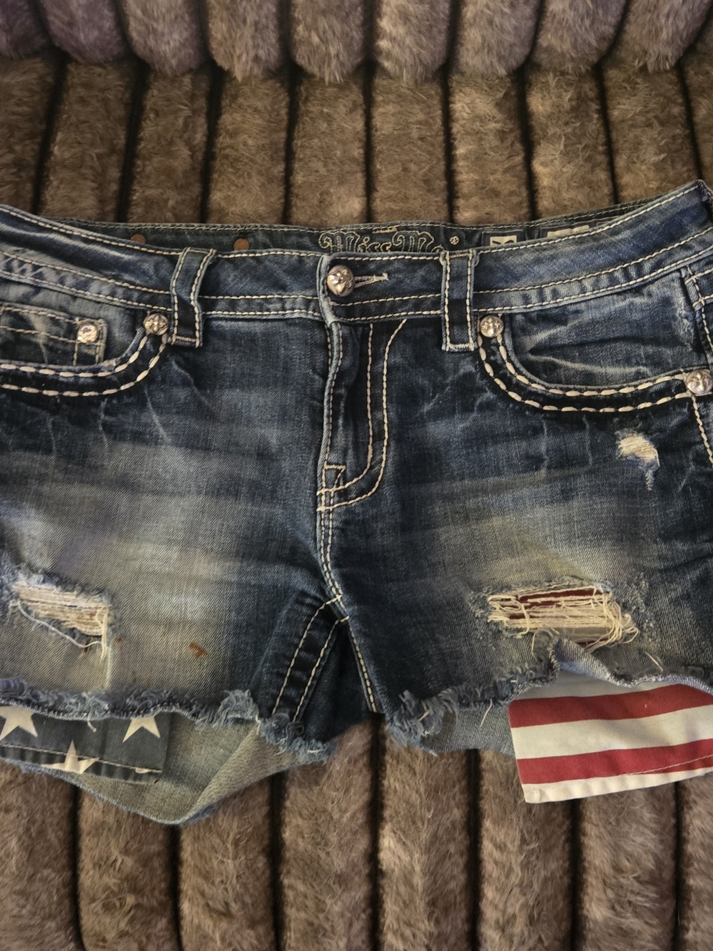 Miss Me Distressed Blue Denim Shorts with Flag Accent
